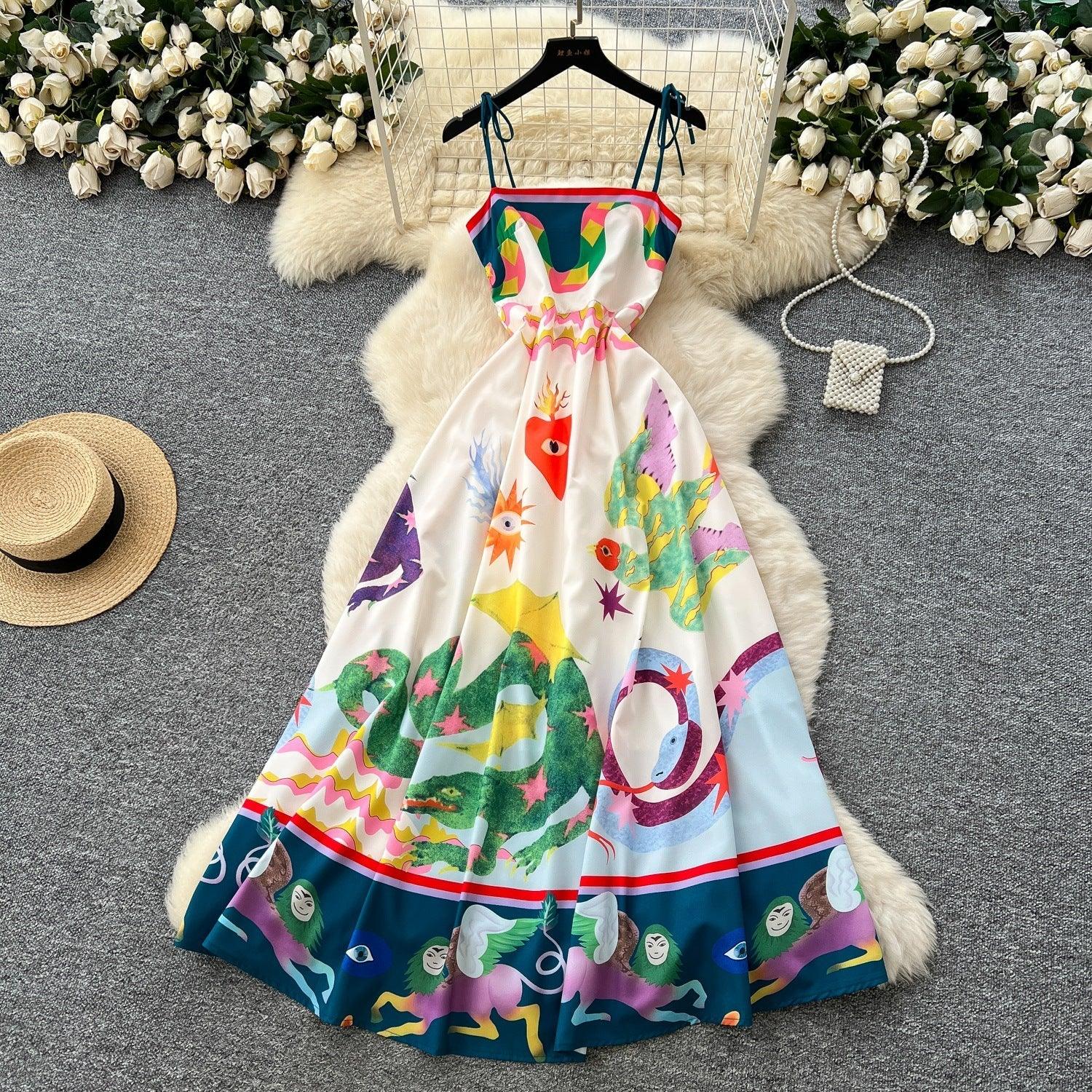 Light Luxury Graffiti Printing Slip Dress Women - Magic Store
